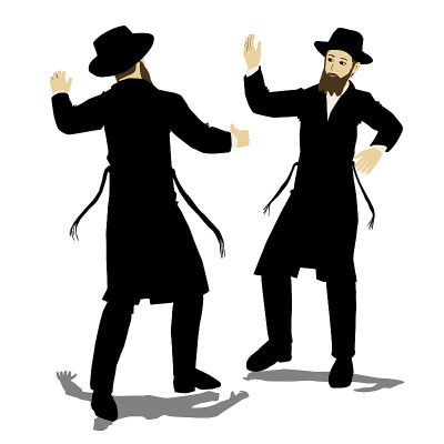 2 Jewish Hasidic men dancing. Flat vector drawing.
