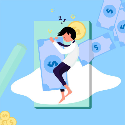 年轻的商人们睡着了，拥抱着金钱而不是支持