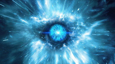 抽象黑暗空间中带有发光爆炸链接的神秘眼球，高分辨率3d表示