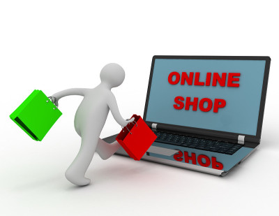 3d人与袋子去网上商店。网上购物的概念