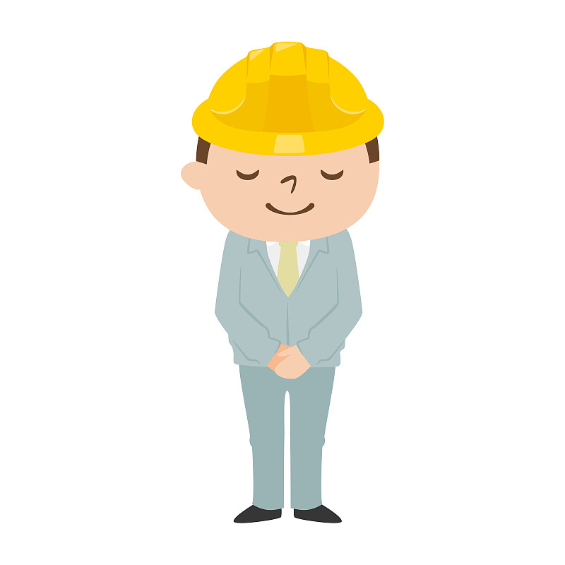 一个男性建筑工人的插图。工作服和安全帽。一个年轻人鞠躬问。