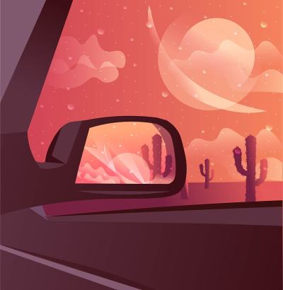 Desert sunset landscape with cactuses under twilig