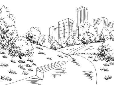公园图形黑白城市景观素描插图矢量