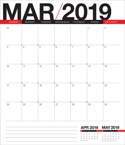 2019年3月台历矢量插图