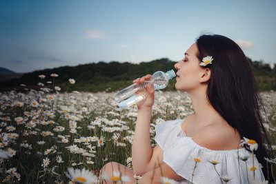 美丽的黑发女人正在雏菊地里享受春天
