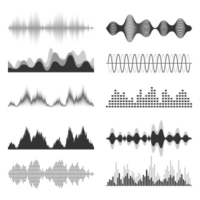 声波集合。模拟和数字音频信号。音乐均衡器。干扰录音。高频无线电波。矢量图