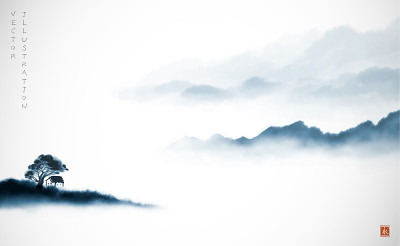 风景与蓝色雾森林山。传统东方水墨画梅花、梅花、梅花。象形文字——永恒