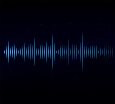 蓝色声波在黑色背景上的频率。霓虹灯。音乐浪潮。股票矢量插图。