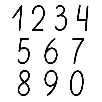 小黑色数字涂鸦风格的轮廓矢量插图，一，二，三，四，五，六，七，八，九，零书法数字，可爱有趣的装饰笔迹