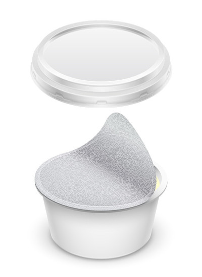 塑料圆形容器，有透明的盖子和打开的箔。包装模型孤立的3d插图。