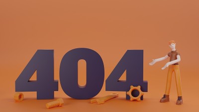 3d渲染男性角色与404互联网错误信息。