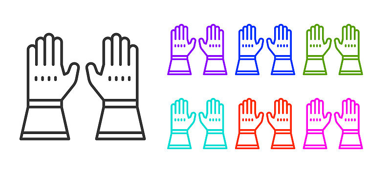 Black line Firefighter gloves icon isolated on whi