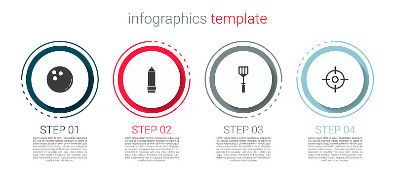 设定保龄球，铅笔与橡皮擦，抹刀和目标运动。业务信息模板。向量
