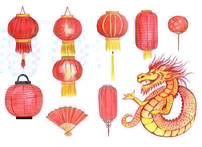 中国龙。水彩画的金龙。中国新年。假期。白色背景上的龙。