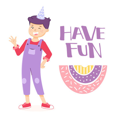 Boy is waving by hand. Welcome sign for the party.