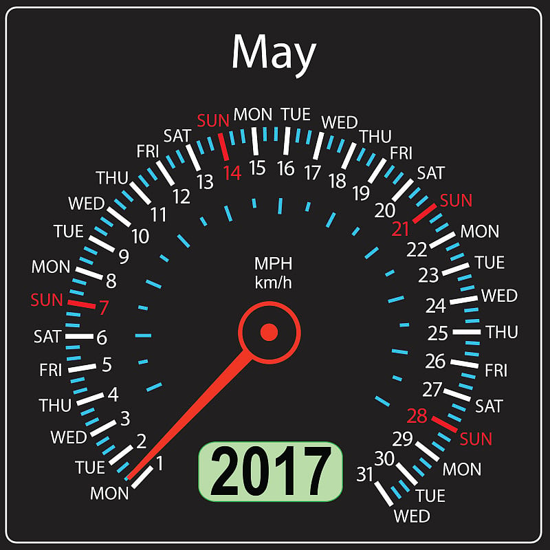 2017年历法车速计车在矢量。五月