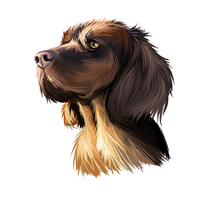 Picardy西班牙猎犬肖像孤立在白色。数字艺术插图手绘狗为网页，t恤印花和小狗食物封面设计，剪纸。