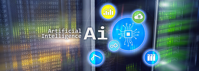 AI，人工智能，自动化和现代信息技术概念上的虚拟屏幕