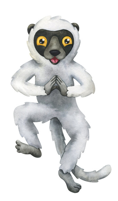 Sifaka狐猴。可爱的珍奇动物。水彩插图孤立的白色背景。可爱，儿童与快乐的灵长类动物的印记。