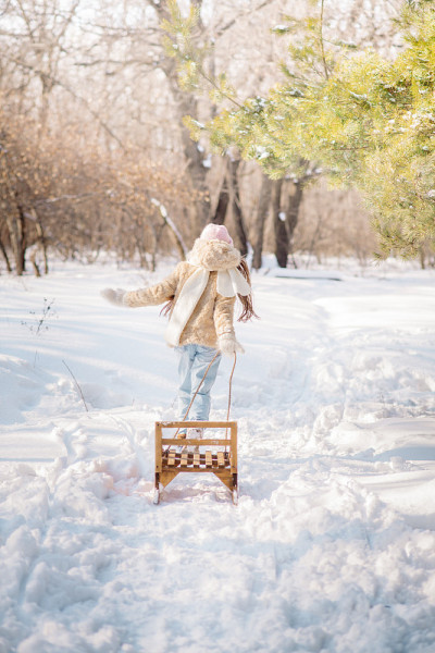一个可爱的小女孩在冰雪覆盖的森林里骑着雪橇