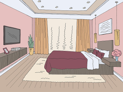 卧室图形色彩家庭室内素描插图向量