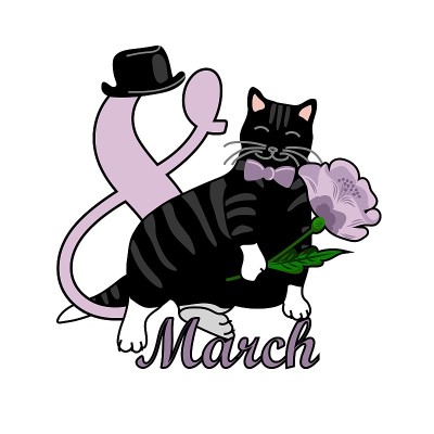 3月8日的贺卡上有一只猫和一朵花