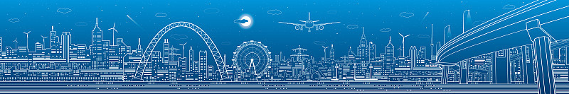 城市的全景。现代城市天际线轮廓图。照明公路大桥。Сar天桥。摩天轮。城镇基础设施。蓝色背景上的白线。