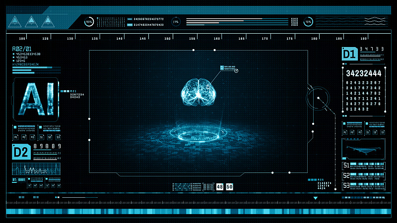 人工智能的概念。通过一个电路板和扫描大脑。图形用户界面抬头显示。未来技术数字屏幕背景。三维渲染