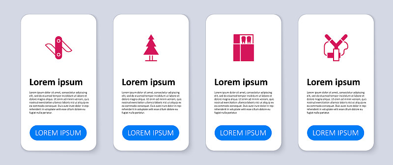 设置弹弓，打开火柴盒和火柴，树和瑞士军刀。业务信息模板。向量