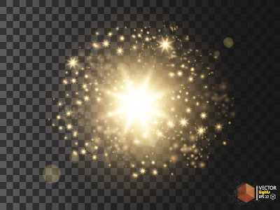 金光闪闪的星尘在透明的背景上拖着闪闪发光的粒子。