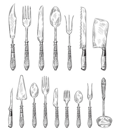 手绘餐具套装。复古的叉子，食物勺和素描晚餐刀矢量插图集