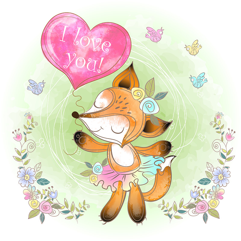 Cute Fox with a balloon in the form of a heart. Va