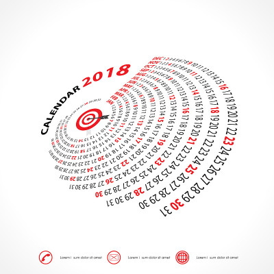 2018年日历模板。螺旋日历。日历2018套12个月。矢量设计文具模板。星期从星期一开始。
