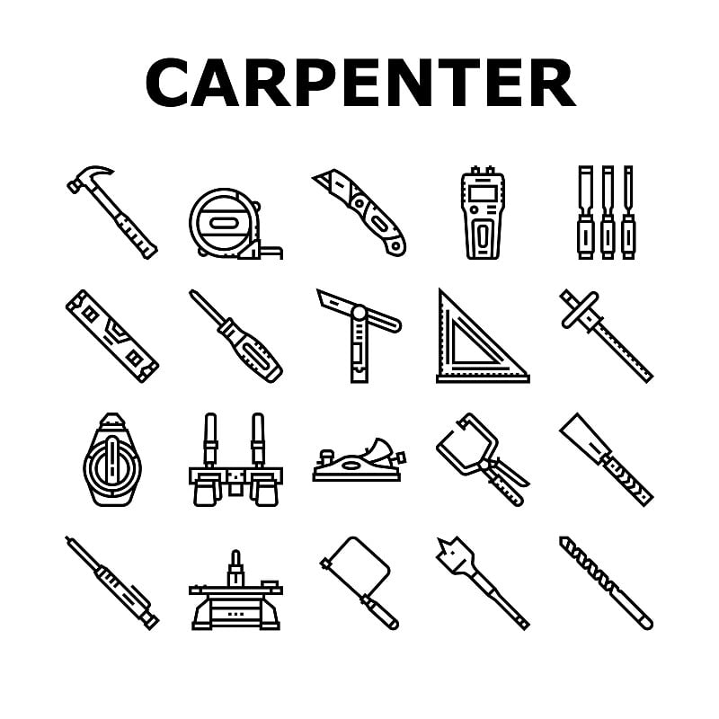 木工工具和附件图标设置矢量
