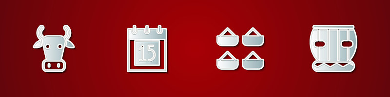 集牛，印度独立日，印度香料和乐器手鼓的图标。向量