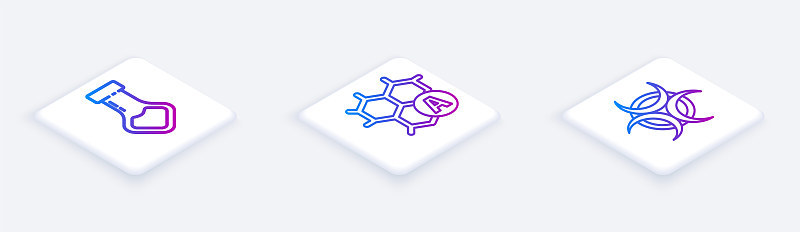 设置试管和烧瓶化学、化学配方和生物危害标志等等距线。白色正方形按钮。向量