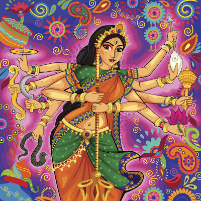 杜尔迦女神在花Puja Dussehra背景