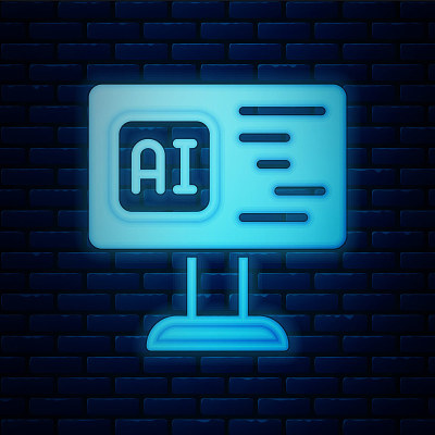 发光的霓虹灯软件，网页开发者编程代码图标孤立在砖墙的背景。Javascript是计算机随机脚本部分的