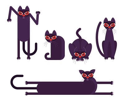 愤怒的黑猫，大大的红眼睛。平面向量插图。