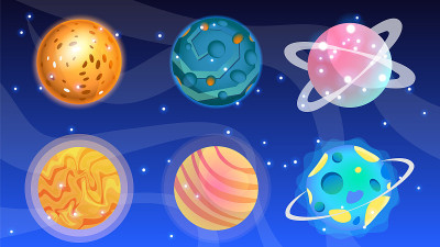 太空体颜色包上紫色背景。天文学。卡通行星的向量集。空间背景。幻想的行星。