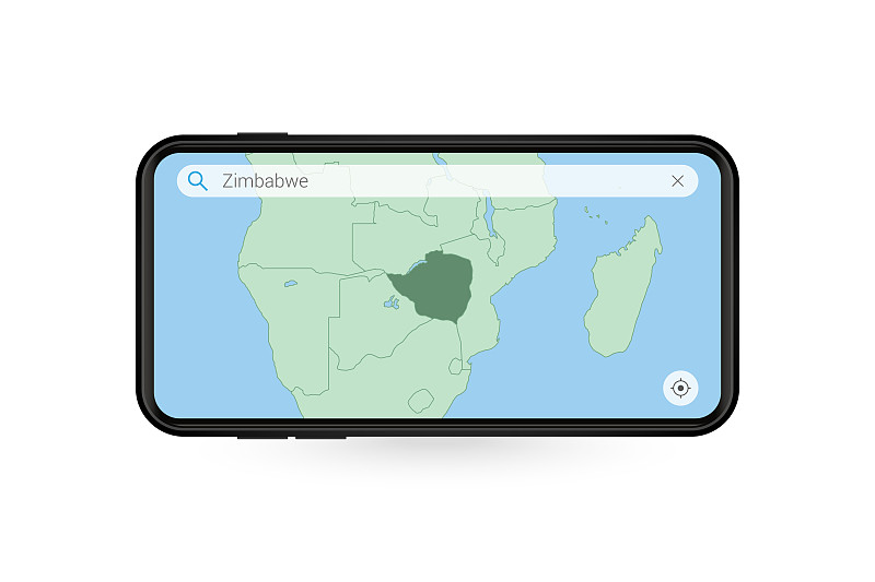 在智能手机地图应用中搜索津巴布韦地图。手机中的津巴布韦地图。