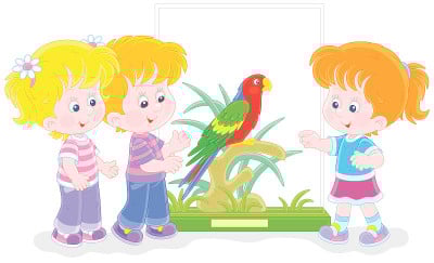 孩子们在动物园里看鹦鹉