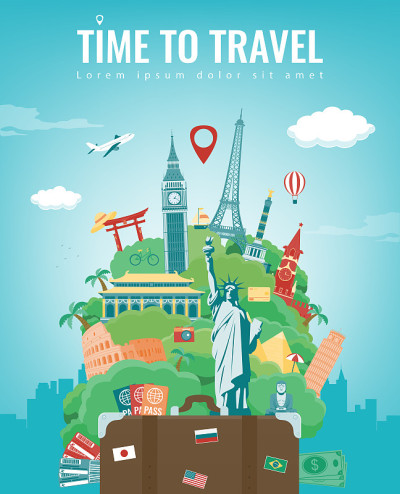 旅游作文与著名的世界地标。旅游和旅游概念。向量