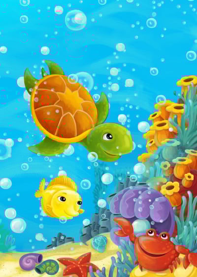 卡通海洋场景与珊瑚礁和森林动物潜水-插图