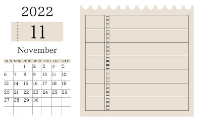 2022年11月日历和表格