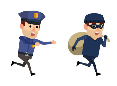有趣的警察和小偷。带着包的强盗从警察手里逃走了