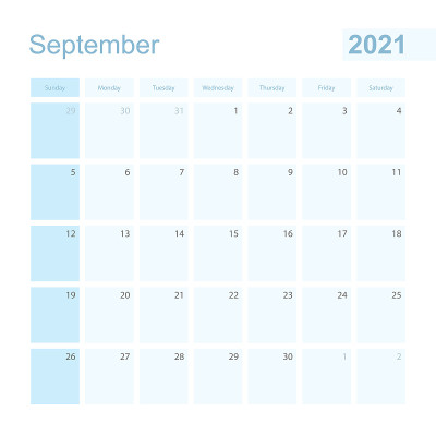 2021年9月蓝色的墙壁计划器，周日开始一周。