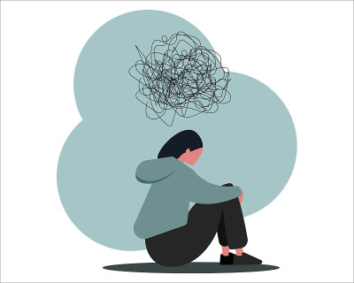 停止网络欺凌。抑郁的女孩遭受在线骚扰，孤立的矢量插图在平面风格