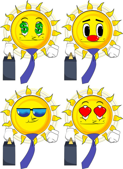 卡通太阳老板手提箱或包和领带。