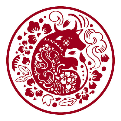 中国新年2021设计模板。牛年。矢量华丽剪纸剪影与牛和花在圆圈